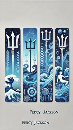 three bookmarks with different designs on them, one is blue and the other is white