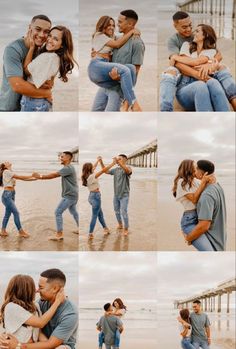 a couple hugging on the beach with their arms around each other and holding hands in front of them