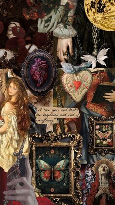 a collage of pictures and artwork with an image of a woman holding a heart