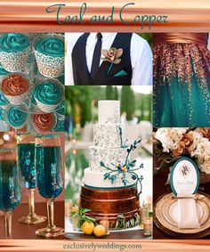 teal and copper wedding theme with champagne glasses, cake, flowers, napkins