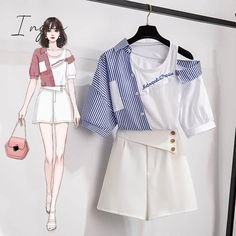 Ingvn 2 pieces shorts sets summer Sweet Korean off shoulder striped patchwork tops and shorts 2 pieces sets women two pieces outfits Two Pieces Outfits, Pieces Outfits, Tops And Shorts, 2 Piece Short Set, Fall Blazer, Sets Summer, Plaid Shirt Women, Shorts Sets, Patchwork Top