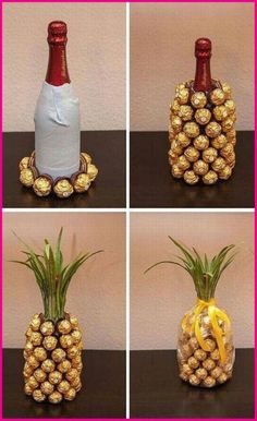 four pictures of pineapples and a bottle of wine in different stages of being decorated