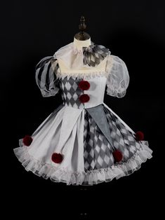 Step into the whimsical world of cuteness with our adorable Pennywise-inspired clown dress. This unique piece features a charming half gray diamond pattern and half white design, adorned with delightful wine red pompom balls. The puff sleeves and pompom ball triangle flag decorations on the skirt add an extra touch of playful elegance. Completing the look is a free ruffled collar, making this dress an irresistibly cute addition to your kawaii wardrobe.   	 		 			Size 			S 			M 			L 			XL Playful White Dress For Costume Party, Cute Clown Outfit, Cute Clown Costume, Evil Clown Costume, Creepy Cute Outfits, Clown Ideas, Clowncore Outfit, Clown Costume Women, Pompom Balls