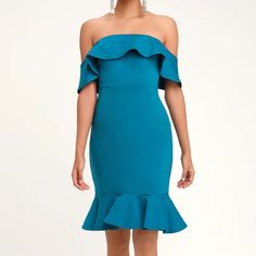 Nwt. Teal Blue Off-The-Shoulder Bodycon Dress Is Just What You Need For An Epic Night Out! Medium-Weight Stretch Knit Shapes A Ruffled, Off-The-Shoulder Flounce Bodice With No-Slip Strips. Fitted Waist Leads To A Bodycon Midi Skirt With Ruffled Hem. Hidden Back Zipper/Clasp. Runs A Little Large. Stock Photos Represent The Color Better. Blue Off Shoulder Formal Dress For Spring, Spring Formal Blue Off Shoulder Dress, Blue Strapless Midi Dress For Brunch, Blue Off Shoulder Mini Dress For Party, Blue Fitted Off Shoulder Dress For Brunch, Fitted Blue Off Shoulder Dress For Brunch, Elegant Blue Strapless Dress For Brunch, Fitted Blue Off Shoulder Dress For Date Night, Fitted Blue Off Shoulder Cocktail Dress