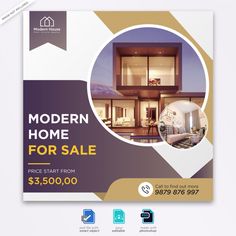 a modern home for sale flyer with a house in the middle and an open window