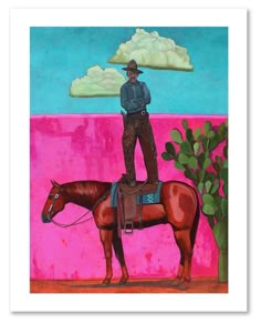 a painting of a man standing on top of a horse in front of a cactus