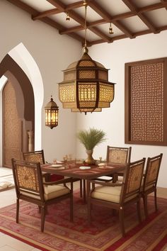 a dining room table and chairs in front of an archway with hanging lights above it