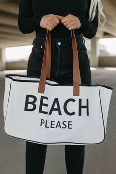 Elevate your beach day or summer outing with the "BEACH PLEASE" Large Canvas Tote Bag, a blend of style, functionality, and playful charm. Crafted from premium canvas material, this tote bag promises durability and resilience, ensuring it remains a staple in your summer wardrobe for years to come. The trendy "BEACH PLEASE" print adds a lighthearted and fashionable touch to your look, making it the perfect accessory for those sunny days by the sea or casual strolls in the city. With generous dime Sunshine In A Bag, Dreamy Whites, Beach Please, Beach Adventure, White Beach, Coastal Chic, Beach Print, Summer Look, Beach Scenes