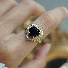 Heart of the Ocean Onyx Diamond Ring in 14K and 18K Gold – Tippy Taste Jewelry Pear Black Diamond Ring, Rose Gold And Diamond Ring, Dark Gemstone Engagement Rings, Onyx And Diamond Ring, Vintage Engagement Rings Black, Dark Engagement Rings, Alt Engagement Ring, Untraditional Wedding Rings, Black And Gold Rings