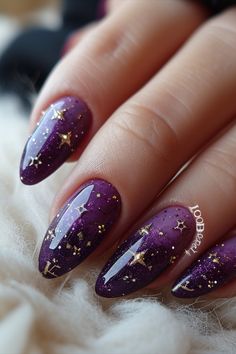 Purple Nail Designs 2024 Black And Purple Nails Wedding, Eclipse Nails 2024, Nails Witchy Aesthetic, Fall Nails Witchy, Purple Sun And Moon Nails, Purple Nails Witchy, Dark Purple Nail Designs Coffin, Flower Fairy Nails, Purple Nails Elegant