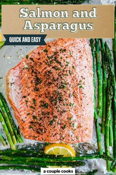 salmon and asparagus on a sheet of foil with the title, salmon and asparagus quick and easy