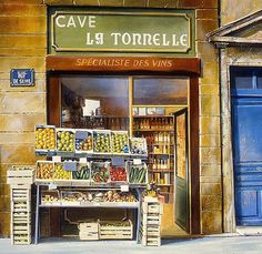 a painting of a store front with fruit and vegetables on display in the foreground