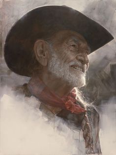 an old man wearing a cowboy hat and red scarf