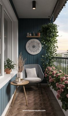 the balcony is decorated with flowers and plants