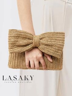 Lasaky - Chic Bowknot Embellished Straw Clutch: Elegant Companion for Your Vacation Ensemble Affordable Chic Party Baguette Bag, Beach Handbag, Bohemian Handbags, Bow Purse, Bow Clutch, Pattern Purse, Summer Handbags, Straw Clutch, Casual Chique