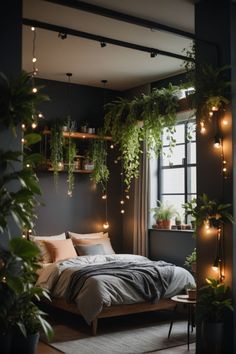 the bedroom is decorated with plants and lights