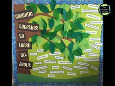 a bulletin board with leaves on it that says growing together to learn all about trees