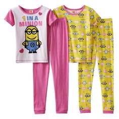 2 Pajama Minion Sets (4pcs) 100% Cotton Size 4 Pink Fun Pajama Party Sets, Fun Pink Pajama Party Sets, Fun Pink Sleep Sets, Playful Purple Sets For Pajama Party, Fun Pink Sleepwear Sets, Fun Cartoon Print Sets For Sleepovers, Cute Yellow Sleepover Sets, Yellow Cute Sleepover Sets, Fun Pink Sets With Cartoon Print