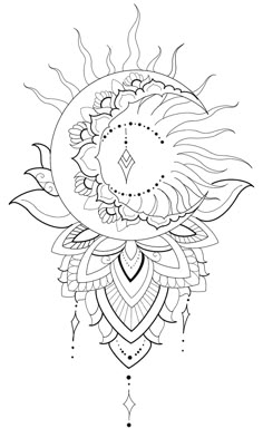 a drawing of a sun with flowers and leaves on the side, in black and white