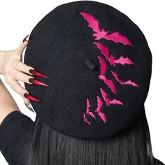 Go Batty With These Beatnik Berets! 90% Wool 10% Polyester Berets, Embroidered Deep Pink Bat Motif On Top And Front. One Size Fits Most. Great For Your Gothic Punk Closet And Halloween All Year Round! Hbbbrpk 24 Draculaura Aesthetic, Pink Beret, Pink Goth, Black Beret, Attitude Clothing, Wool Berets, Boho Fall, Lace Camisole, Gaming Room