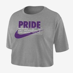 Move freely while repping your team in this Orlando Pride T-shirt. A cropped design and sweat-wicking technology give you easy comfort to help you cheer in cool comfort for 90 minutes. Sports Purple T-shirt With Logo Print, Purple Sports T-shirt With Logo Print, Sporty Crew Neck Cropped Shirt, Collegiate Purple Top For Sports Events, Purple Collegiate Tops For Sports Events, Purple Sports Tops With Team Name, Sporty Crew Neck Crop Top With Letter Print, Purple Team Spirit Tops For Sports Events, Sports T-shirt Purple With Logo Print