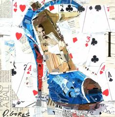 an altered collage of playing cards and paper with the image of a man's face