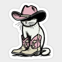 a white cat wearing a pink cowboy hat and boot sticker on a gray background