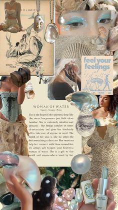 a collage of photos with pearls, shells and other things on it's surface