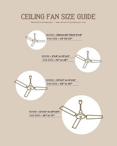 the ceiling fan size guide is shown in three different sizes and colors, including one for each