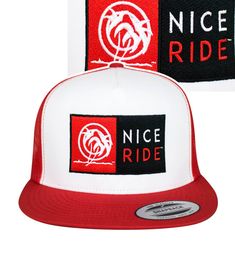 6006 Classic Snapback Trucker Hat, Baseball Cap with NICERIDE's "N-R Combo" design embroidered on the front panel and blacked out classic palm logo embroidered on the back right side. Designed, Embroidered and Shipped in the United States. Red Trucker Hat With Embroidered Logo And Flat Brim, Red Embroidered Snapback Trucker Hat, Palm Logo, Hat Baseball, Logo Embroidered, Free Giveaway, Right Side, The United States, Red Green