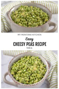 two pictures showing how to make cheesy peas