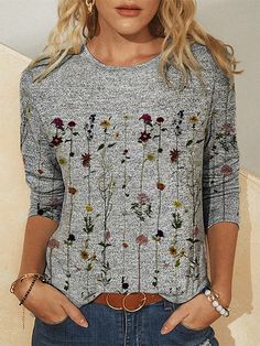 Gray Casual Graphic Tops Round Neck Long Sleeve Floral Printed Sweatshirts Vintage Floral Shirt, Long Sleeve Tops Casual, Graphic Tops, Floral Vintage, Floral Shirt, Long Sleeve Casual, Printed Sweatshirts, Long Sleeve Sweatshirts, Casual T Shirts