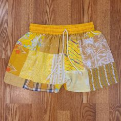 Patchwork Drawstring Shorts.  Very Unique Prints. Already made and ready to ship.   Waist size is 24" to 28" Length 13" Hand wash. Lay flat to dry Mode Hippie, Patchwork Shorts, Unique Prints, Skorts, Drawstring Shorts, Hippie Style, Bright Yellow, Unique Print, Waist Size