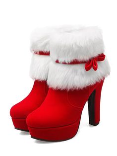 Retro Christmas Short Plush High Heel Shoes – Retro Stage - Chic Vintage Dresses and Accessories Red High Heels For Christmas, Christmas Party Heels With Round Toe, Christmas Party Boots With Round Toe, Red Pointed Toe Heels For Christmas, Red Round Toe Heels For Christmas, Christmas Heels, Red Suits, Retro Stage, Christmas Boots