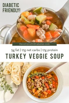 This hearty and healthy ground turkey soup recipe is so simple to make. Packed with lean protein, fiber, and a ton of delicious veggies, this recipe is diabetic friendly, too. Enjoy this simple and delicious soup today  - the whole family is sure to love it! Italian Ground Turkey, Soup And Salad Combo, Turkey Vegetable Soup, Soup With Vegetables, Ground Turkey Soup, Healthy Ground Turkey, Turkey Soup Recipe, Vegetable Soup Recipe, Delicious Veggies