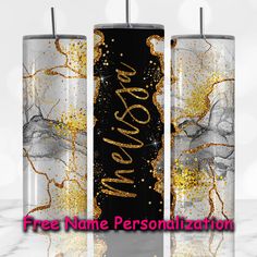 three personalized tumbles with gold glitter on them and the words free name personalization