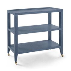 a blue shelf with three shelves on wheels