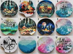 a collage of hand painted badges with the names of different camping destinations and campfires