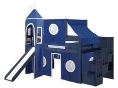 a child's bed with a blue tent and slide on the bottom bunk,