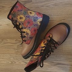 Unworn Floral Booties Camel Color , Red, Yellow, Purple Flowers Vegan Leather Red Casual Boots For Festival, Casual Red Boots For Festival, Casual Boots With Red Sole For Spring, Vibe Shoes, Camel Color, Yellow Purple, Wedding Stuff, Purple Flowers, Red Yellow