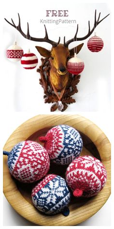 knitted ornaments are in a bowl with deer heads and antlers on the wall