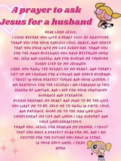 a prayer to ask jesus for a husband on pink background with hearts and sparkles