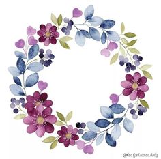 a watercolor wreath with purple and blue flowers