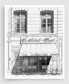 a black and white drawing of the front of a restaurant with tables and chairs outside