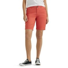 Love the length of Lees 9 Chino shorts. These shorts are crafted in a cotton stretch fabric that offers an effortless, move-with-you fit. Slightly longer chinos flatter your above the knee outfits. These mid-rise shorts are waiting for all your cutest tops and blousesthey are sure to become the seasons go-to for running around town or kicking back and relaxing. Size: 16.  Color: Pink.  Gender: female.  Age Group: adult. Relaxed Fit Knee-length Bermuda Shorts With Elastic Waistband, Khaki Knee-length Shorts With Built-in Shorts, Cheap Women's Shorts With 5-inch Inseam, Spring Cotton Shorts With 5-inch Inseam, Solid Color Knee-length Bermuda Shorts With Elastic Waistband, Mid Rise Shorts, Chino Shorts, The Seasons, Above The Knee