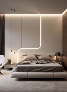 a modern bedroom with white walls and lights on the headboard, along with an upholstered bed