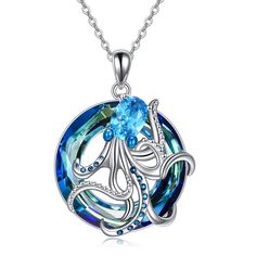 PRICES MAY VARY. 💖Design:A unique Octopus Necklace inspired by ocean themed jewelry.Made with 925 sterling silver plus with blue crystal.Fashion, exquisite,charming.A perfect gifts to ocean and octopus lovers. 💖Material:100% 925 sterling silver Octopus jewelry. Lead-Free & Nickel-Free, Hypoallergenic and safety for sensitive skins women. 💖Size:Octopus pendant: 0.84*1.12 inch;Packaging: 1x ocean jewelry; 1 x polishing cloth and 1 x exquisite YFN gift box. 💖Gift Wrap: Ocean jewelry comes with Jellyfish Pendant, Octopus Jewelry, Octopus Necklace, Octopus Pendant, Octopus Design, Necklace Stand, Crystal Fashion, Ocean Jewelry, Sterling Silver Anklet