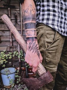 Lumberjack tattoo by 23tattoostudio #23tattoostudio #lumberjacktattoo #lumberjack #nature #trees #mountain #treering #illustrative Lumberjack Tattoo, Mountain Sleeve Tattoo, Small Nature Tattoo, Tatto Sleeve, Camping Tattoo, Tree Tattoo Men, Forearm Tattoo Quotes, Sacred Tattoo, Viking Tattoo Sleeve