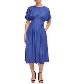 Kensie Short Sleeve Smocked Waist A-Line Midi Dress | Dillard's Solid Color Ruched Midi Dress With Flutter Sleeves, A-line Midi Dress With Pleated Back, Casual A-line Midi Dress With Gathered Waist, Modest Ruched Midi Dress With Short Sleeves, Chic Short Sleeve Midi Dress With Smocked Back, Chic Midi Dress With Smocked Back And Short Sleeves, Short Sleeve Rayon Midi Dress For Work, Summer Midi Dress With Pleated Back And Short Sleeves, Pleated Short Sleeve Midi Dress