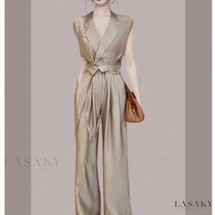 Lasaky - Chic Sleeveless Top and High-Waisted Casual Pants with Floor-Length Hem for Sophisticated Women Elegant Sleeveless Summer Pantsuit, Elegant Wide Leg Jumpsuits And Rompers With Pockets, Elegant Summer Full-length Jumpsuits And Rompers, Elegant High-waist Non-stretch Jumpsuits And Rompers, Elegant Solid Jumpsuits And Rompers With Pockets, Chic Full-length Summer Pantsuit, Elegant Beige Wide Leg Jumpsuits And Rompers, Chic Full Length Summer Pantsuit, Casual Full Length Summer Pantsuit